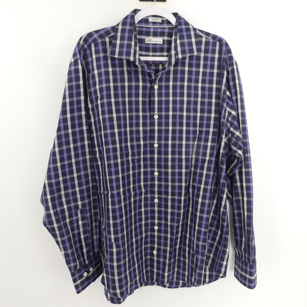 Peter Millar Shirt Men's Extra Large Purple Blue Plaid Cotton Silk Button Down‎
